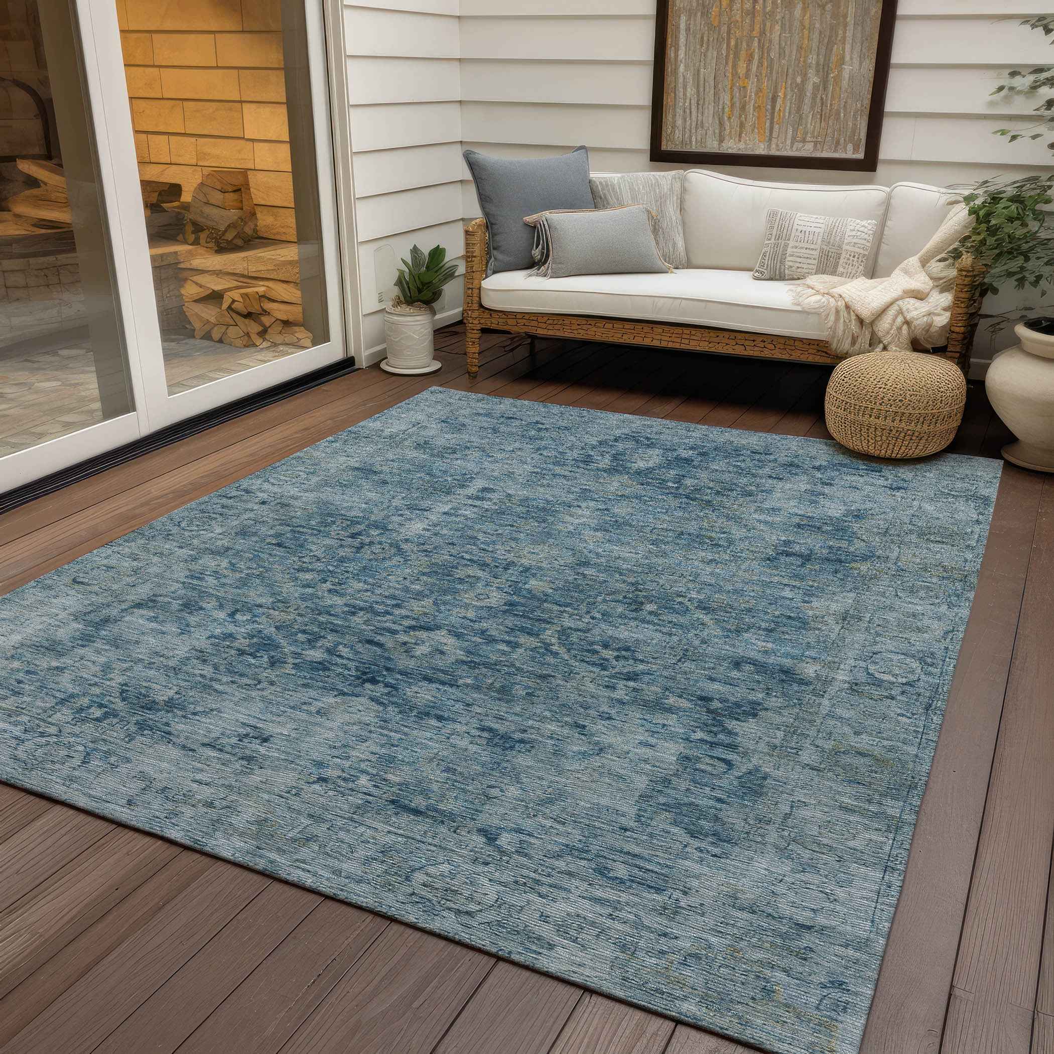 8' X 10' Blue And Gray Abstract Washable Indoor Outdoor Area Rug