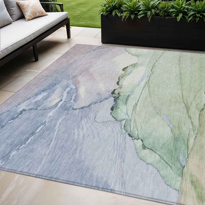 5' X 8' Artichoke Green And Lavender Abstract Washable Indoor Outdoor Area Rug