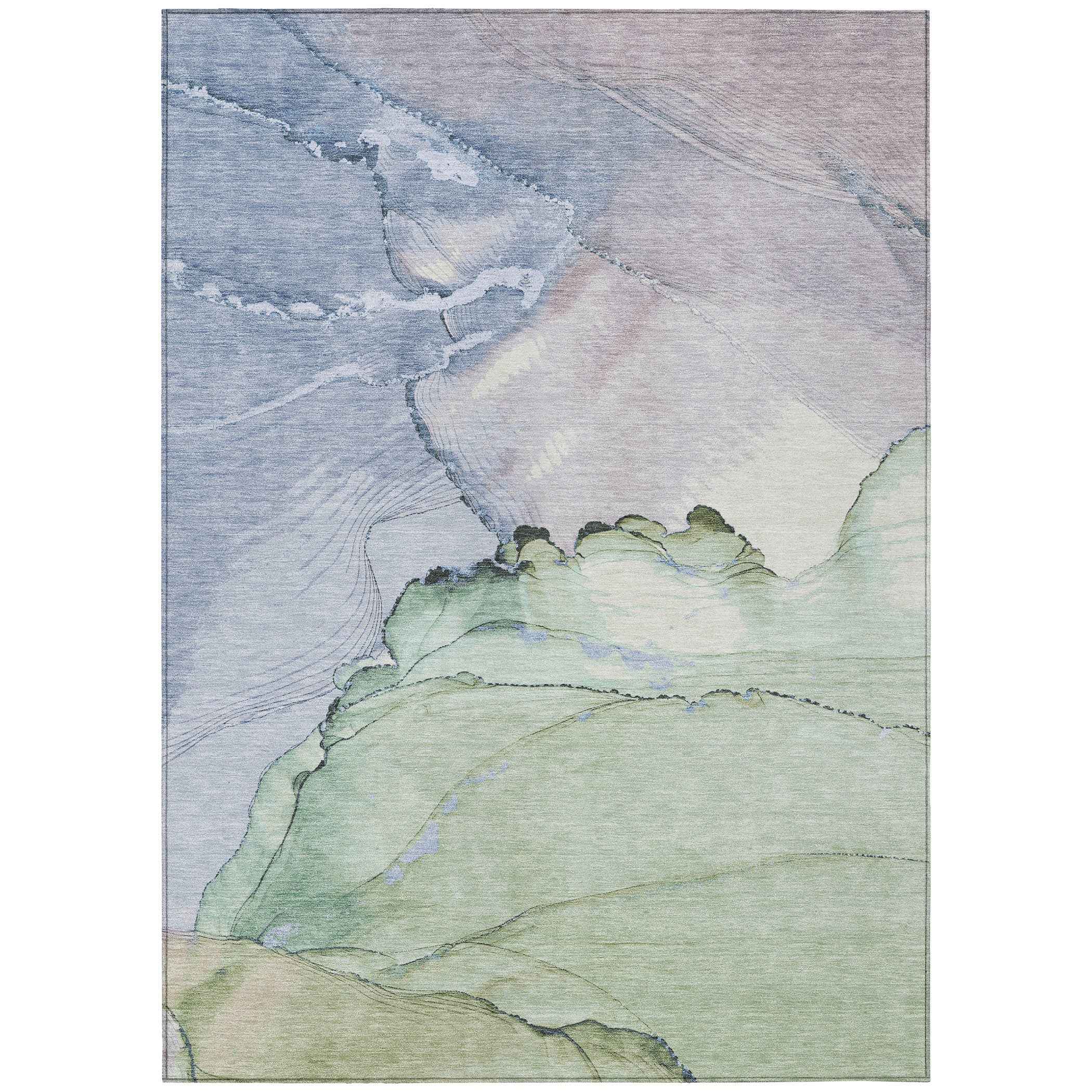 5' X 8' Artichoke Green And Lavender Abstract Washable Indoor Outdoor Area Rug