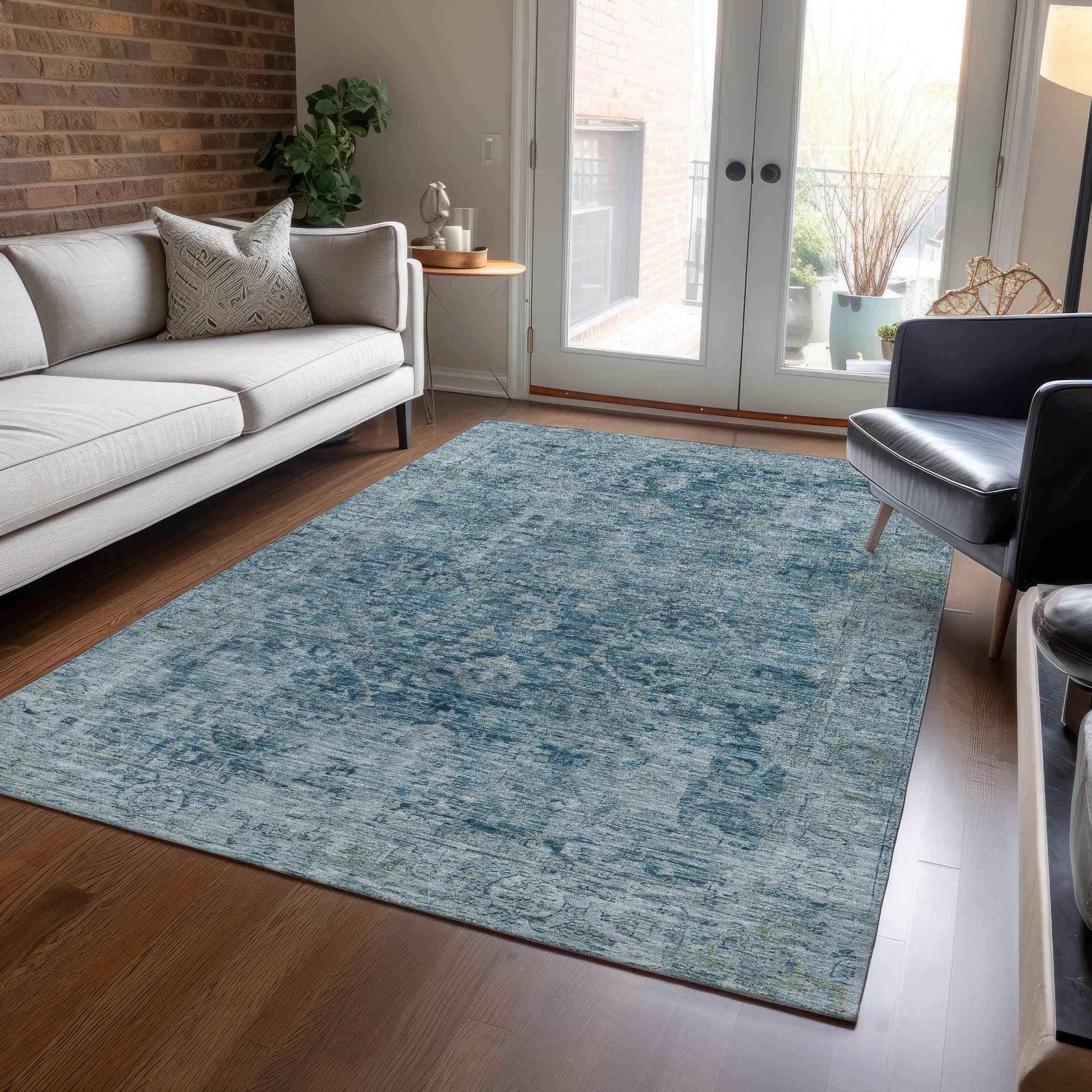 8' X 10' Blue And Gray Abstract Washable Indoor Outdoor Area Rug