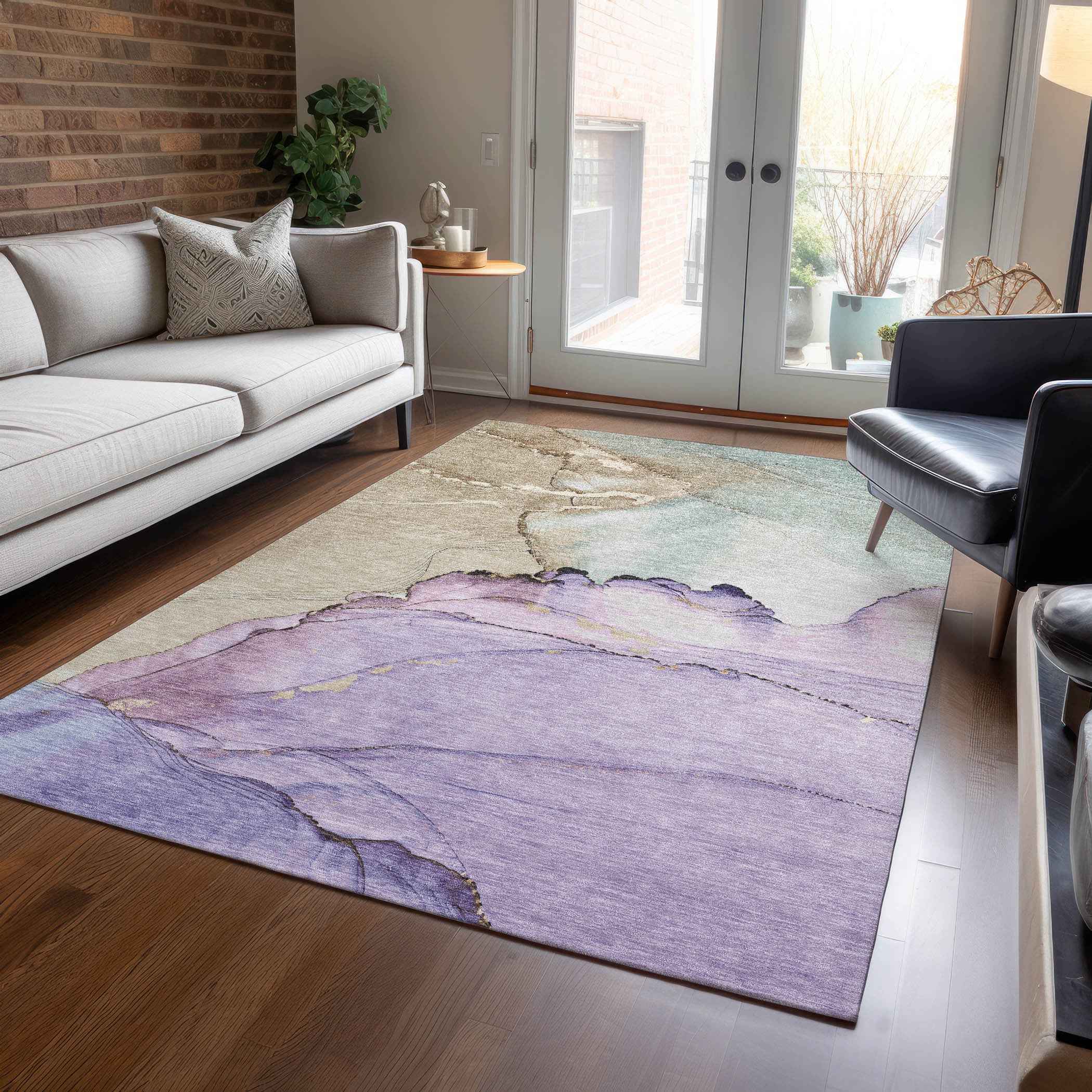 5' X 8' Lavender And Beige Abstract Washable Indoor Outdoor Area Rug
