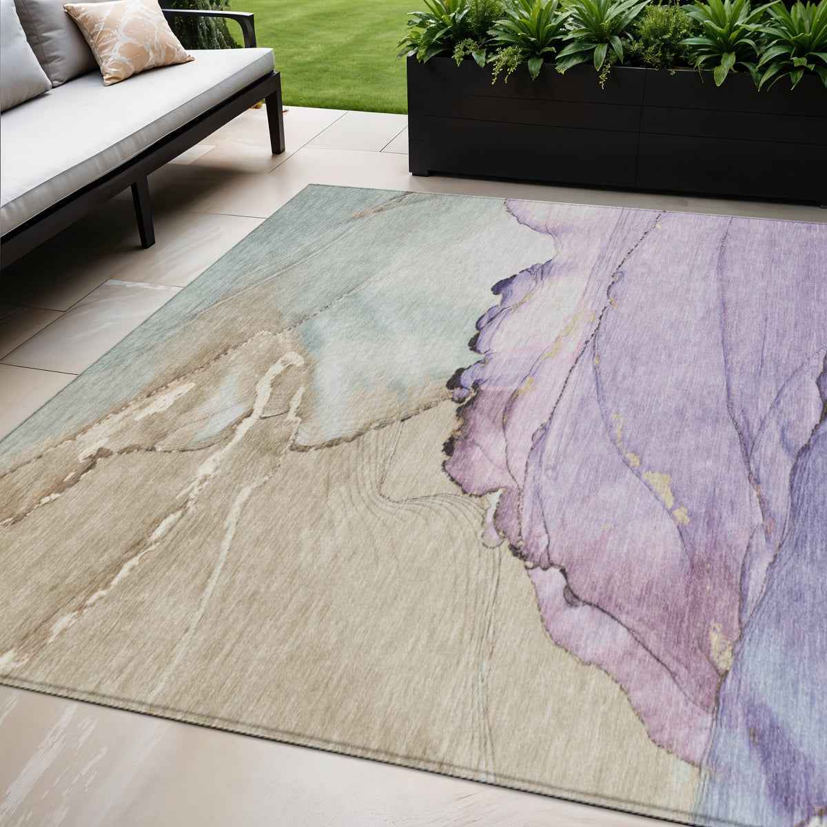 5' X 8' Lavender And Beige Abstract Washable Indoor Outdoor Area Rug