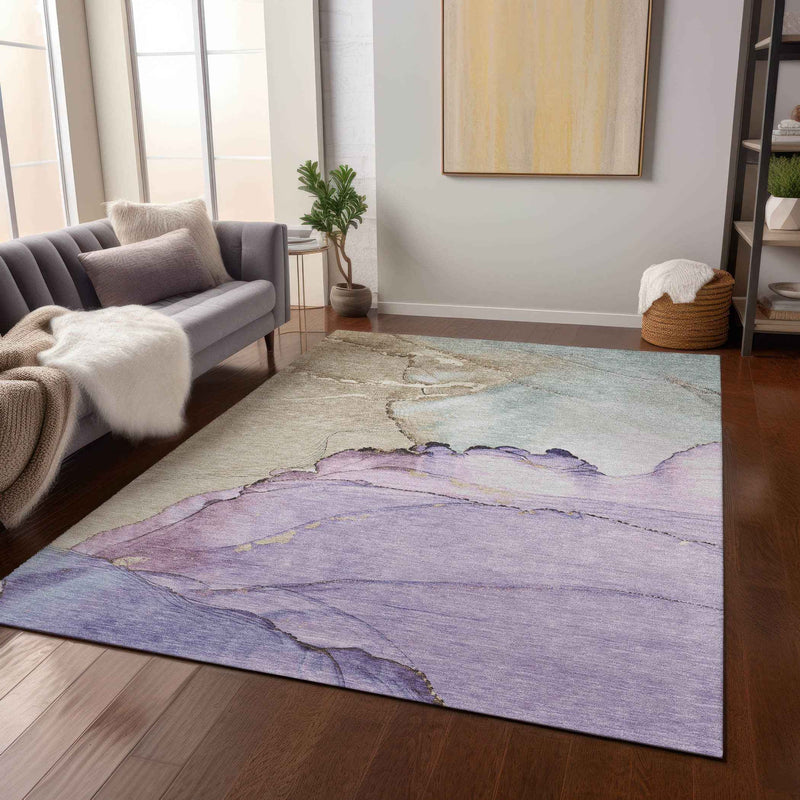 5' X 8' Lavender And Beige Abstract Washable Indoor Outdoor Area Rug