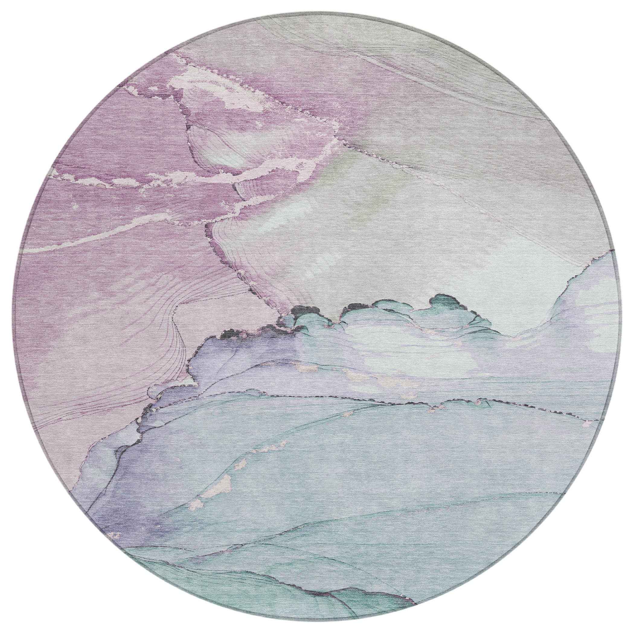 8' Pale Aqua And Lavender Round Abstract Washable Indoor Outdoor Area Rug