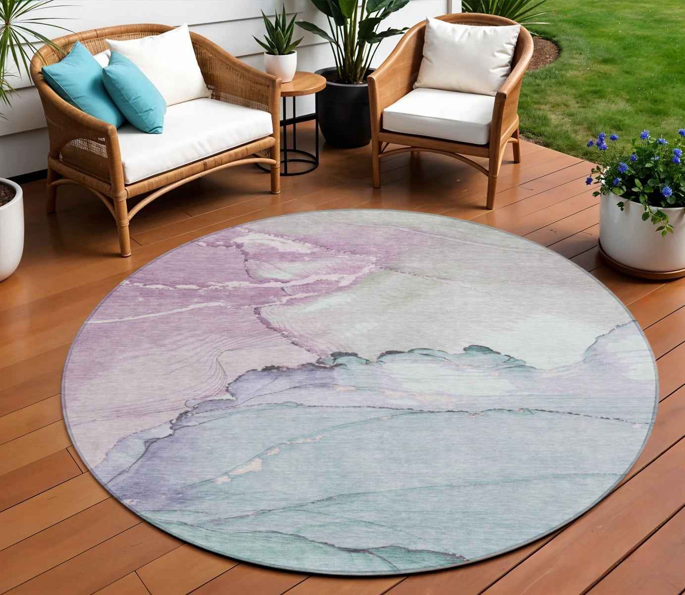 8' Pale Aqua And Lavender Round Abstract Washable Indoor Outdoor Area Rug