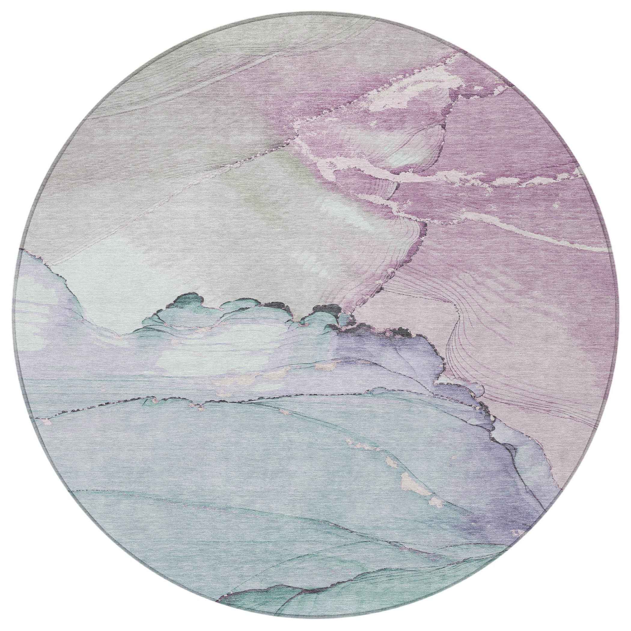 8' Pale Aqua And Lavender Round Abstract Washable Indoor Outdoor Area Rug
