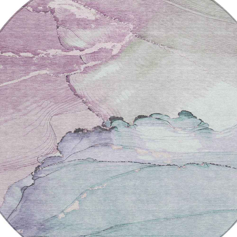 8' Pale Aqua And Lavender Round Abstract Washable Indoor Outdoor Area Rug