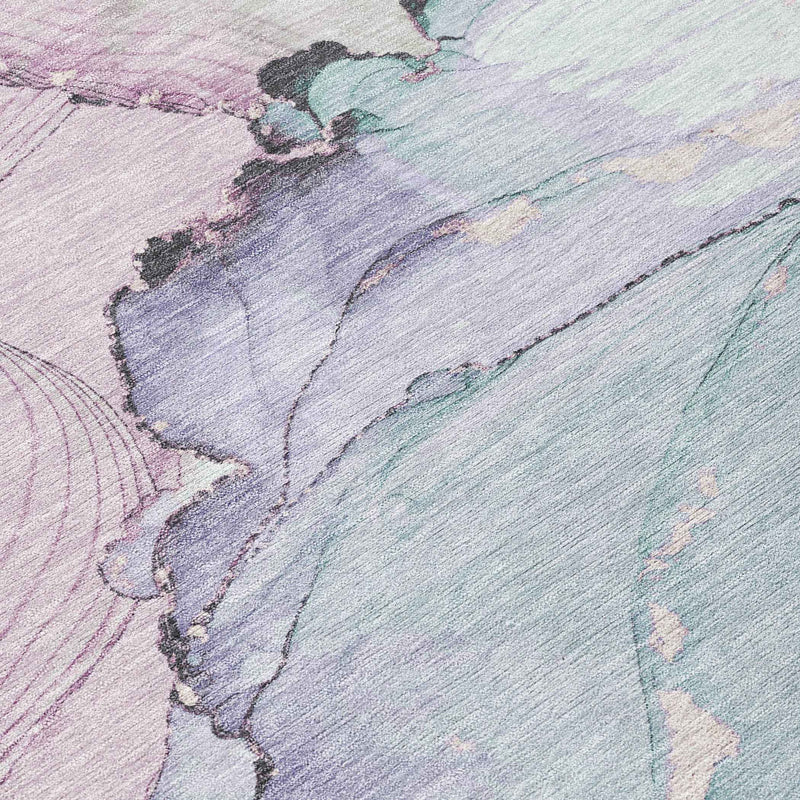 8' Pale Aqua And Lavender Round Abstract Washable Indoor Outdoor Area Rug