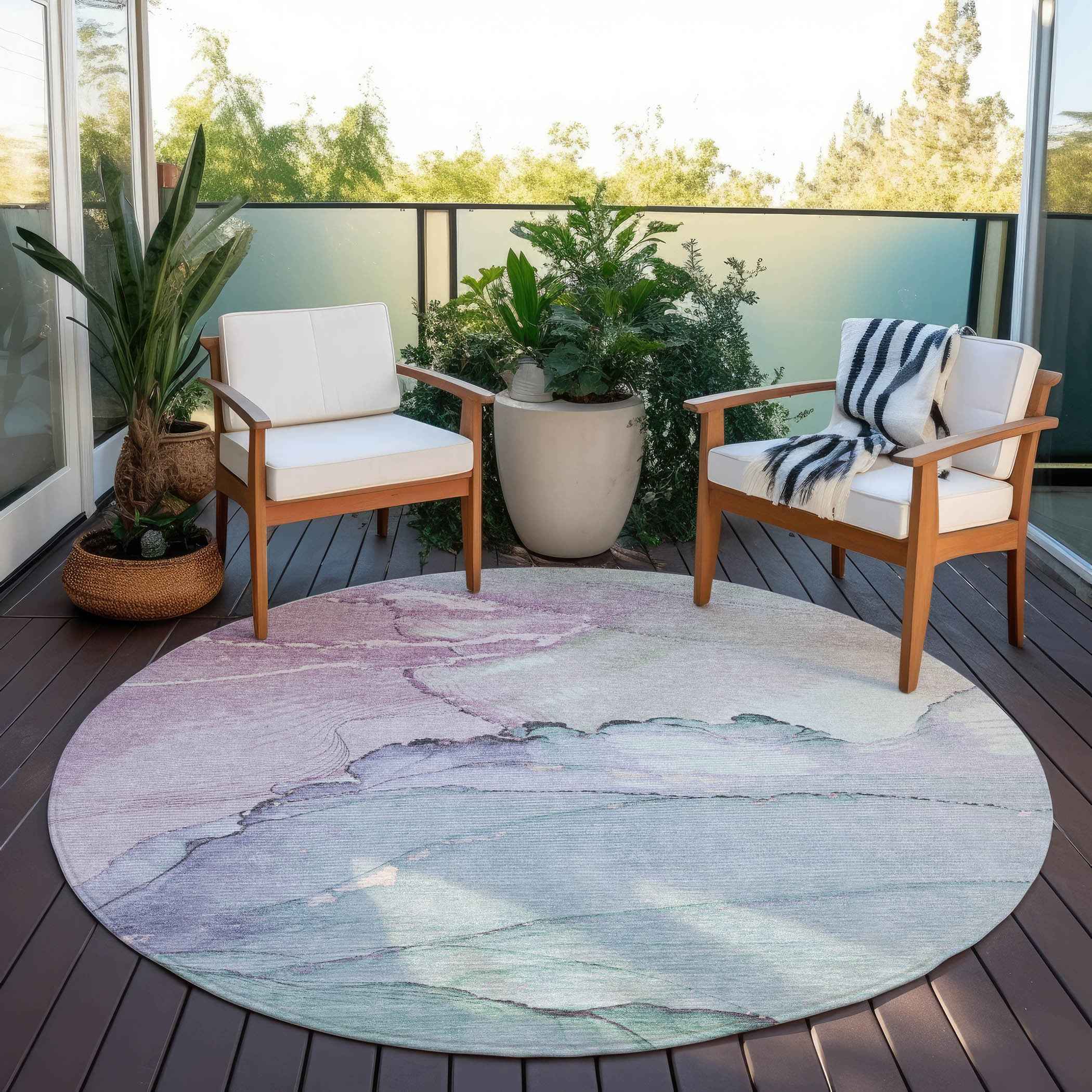 8' Pale Aqua And Lavender Round Abstract Washable Indoor Outdoor Area Rug