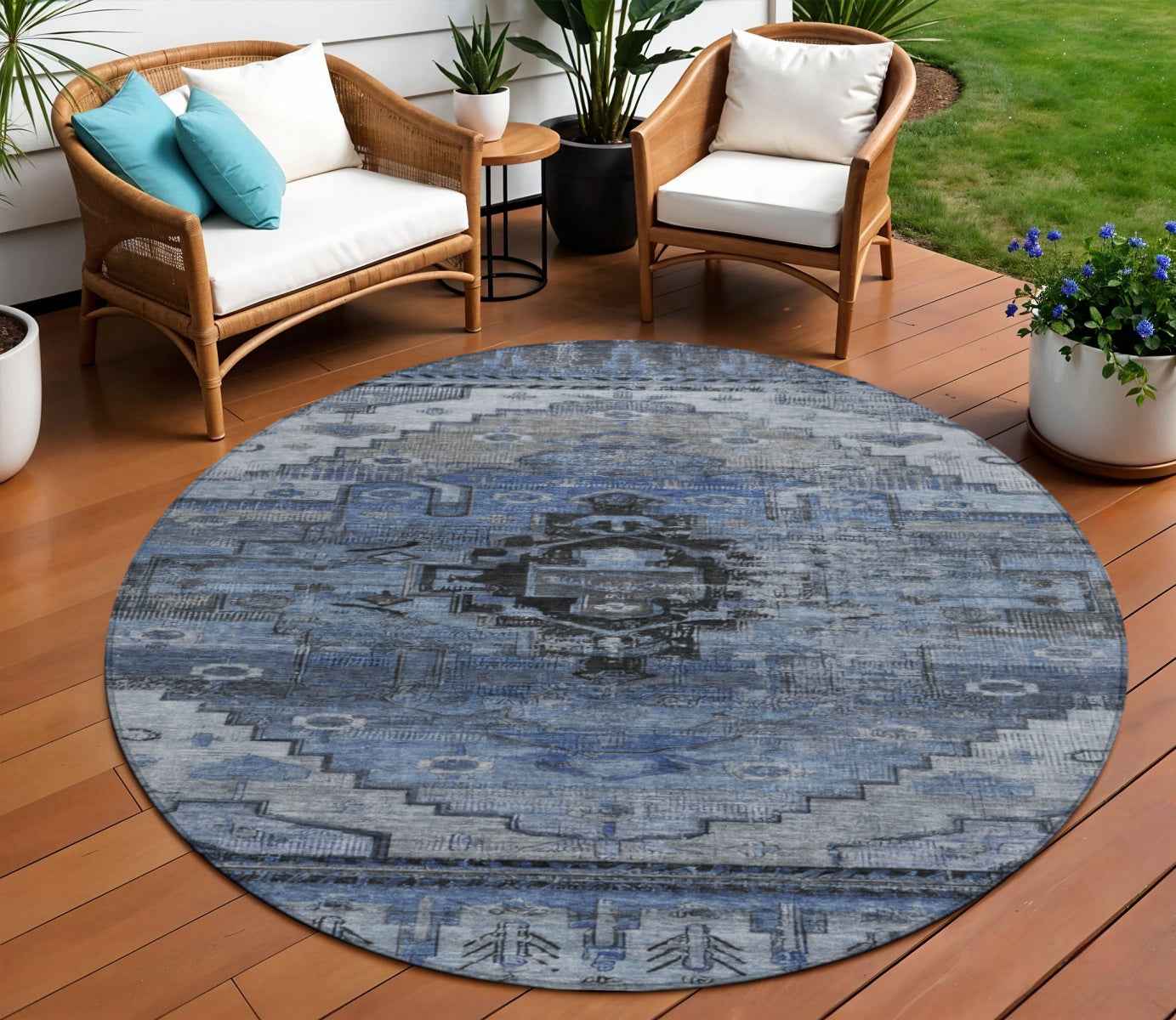 8' Blue Ivory And Gray Round Tribal Washable Indoor Outdoor Area Rug