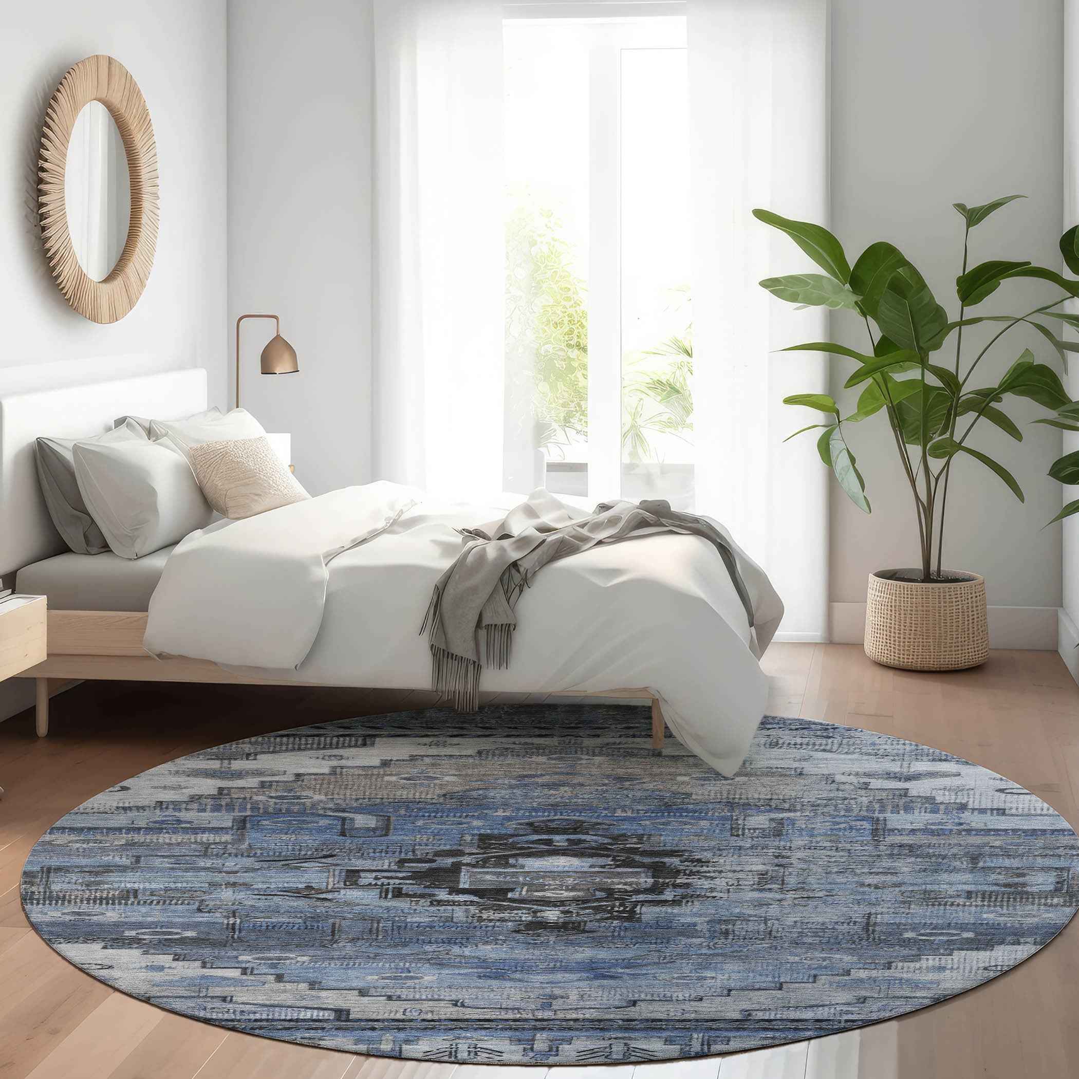 8' Blue Ivory And Gray Round Tribal Washable Indoor Outdoor Area Rug