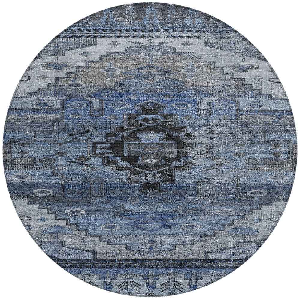 8' Blue Ivory And Gray Round Tribal Washable Indoor Outdoor Area Rug