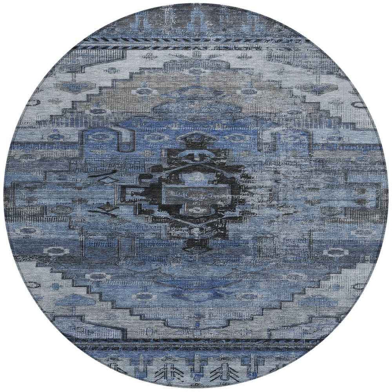 8' Blue Ivory And Gray Round Tribal Washable Indoor Outdoor Area Rug