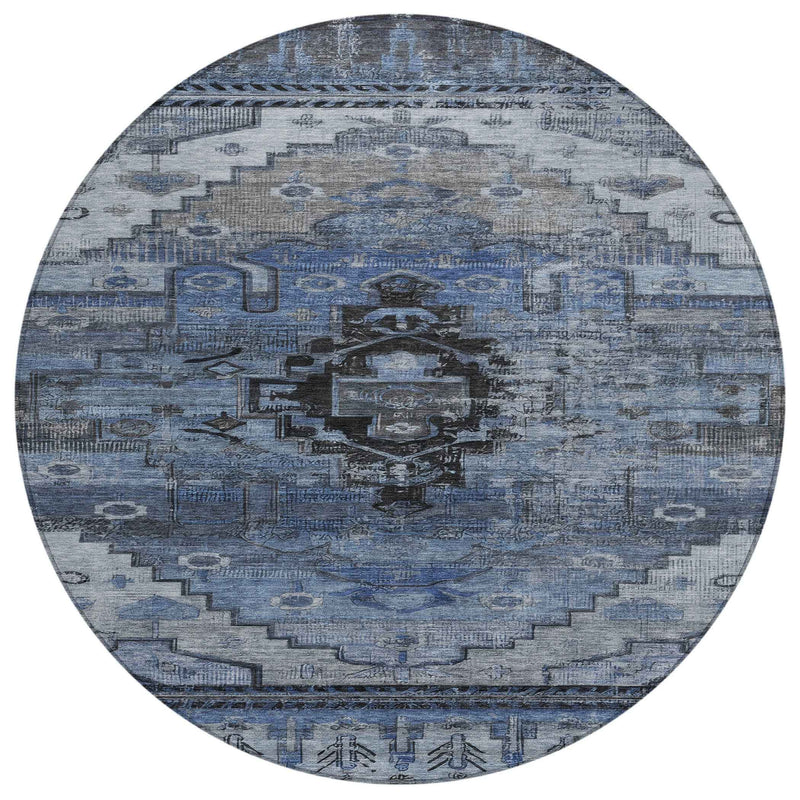 8' Blue Ivory And Gray Round Tribal Washable Indoor Outdoor Area Rug