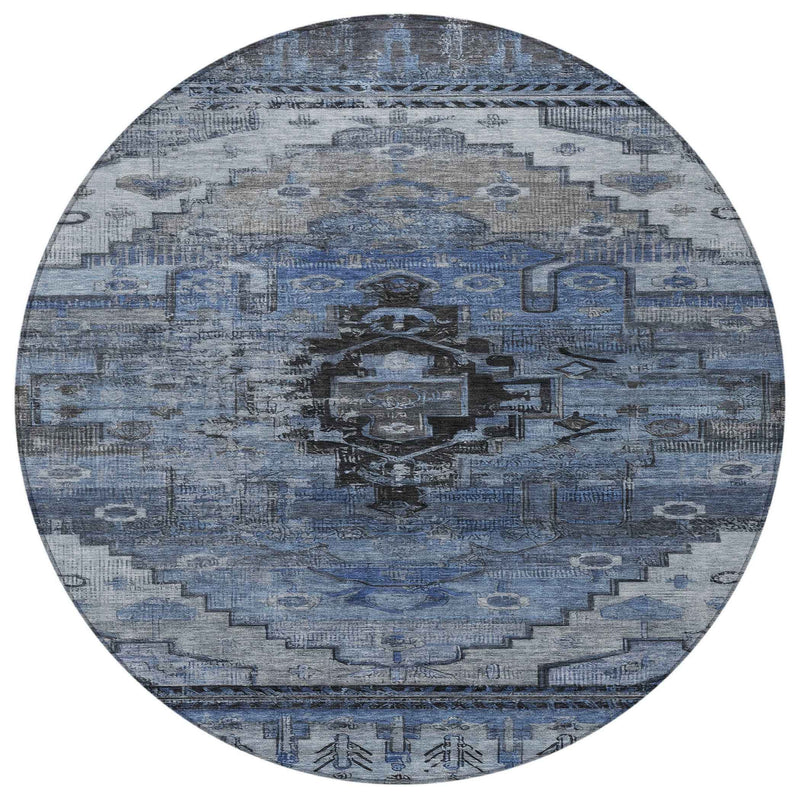 8' Blue Ivory And Gray Round Tribal Washable Indoor Outdoor Area Rug