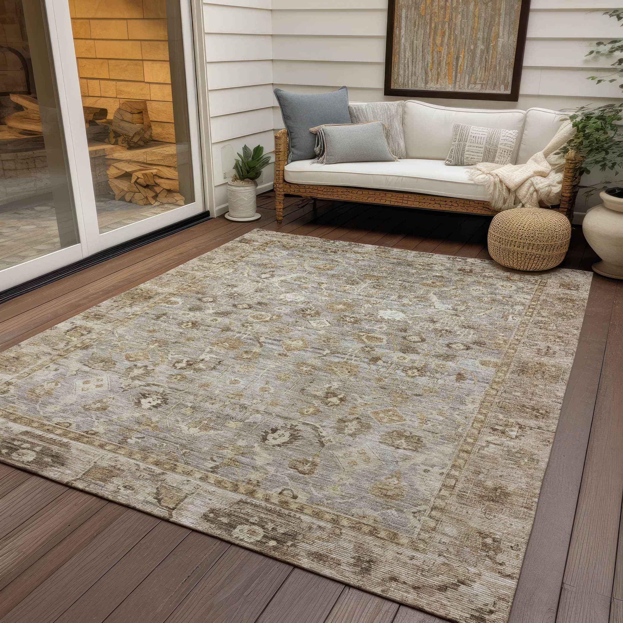 9' X 12' Taupe Brown And Ivory Oriental Washable Indoor Outdoor Area Rug