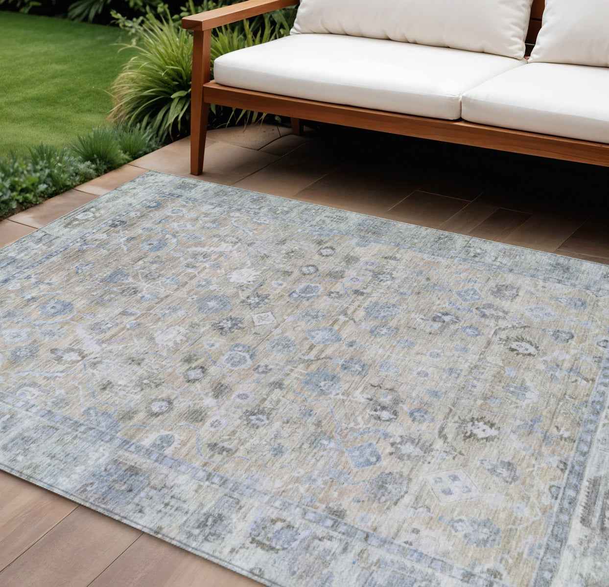 9' X 12' Beige Blue And Ivory Oriental Washable Indoor Outdoor Area Rug