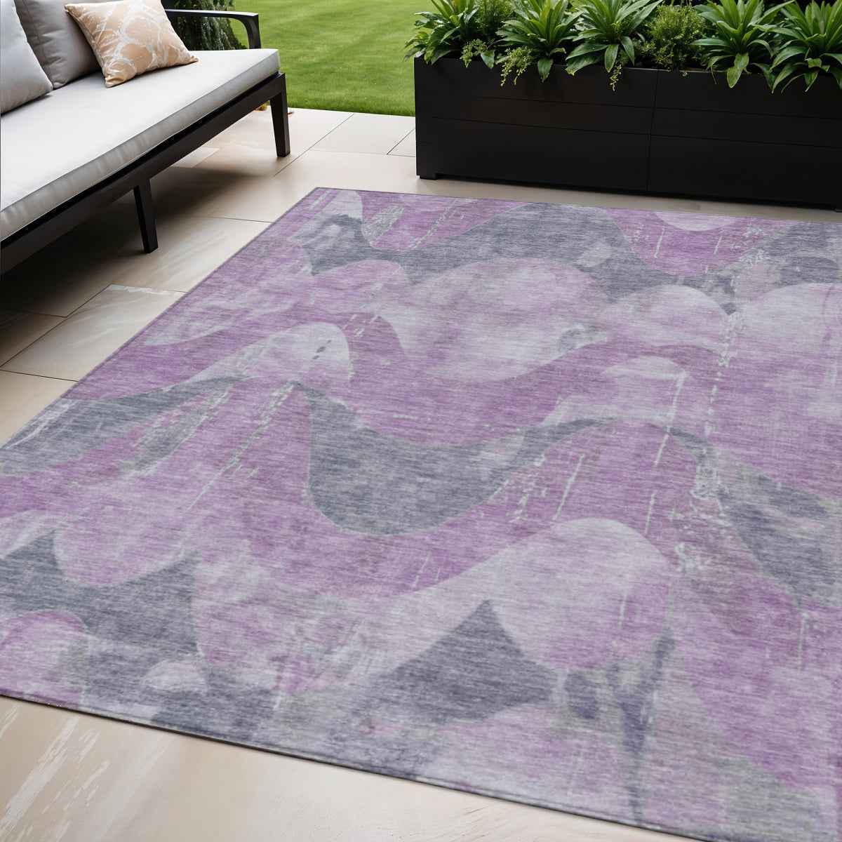 5' X 8' Lavender And Gray Abstract Washable Indoor Outdoor Area Rug