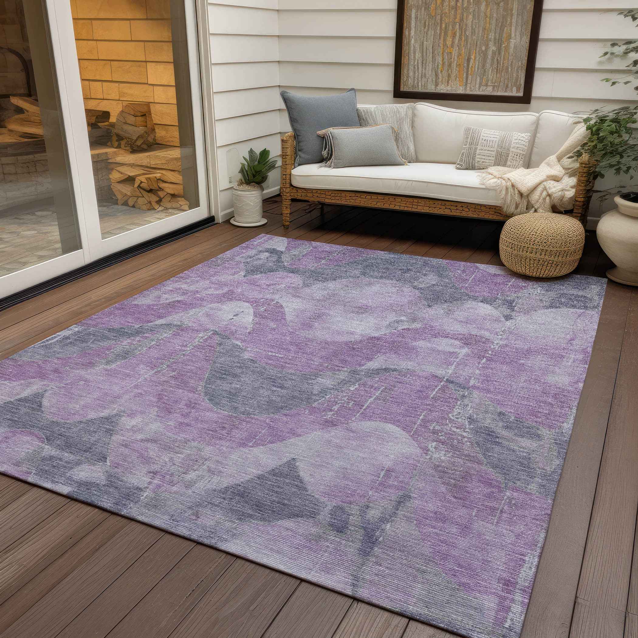 5' X 8' Lavender And Gray Abstract Washable Indoor Outdoor Area Rug