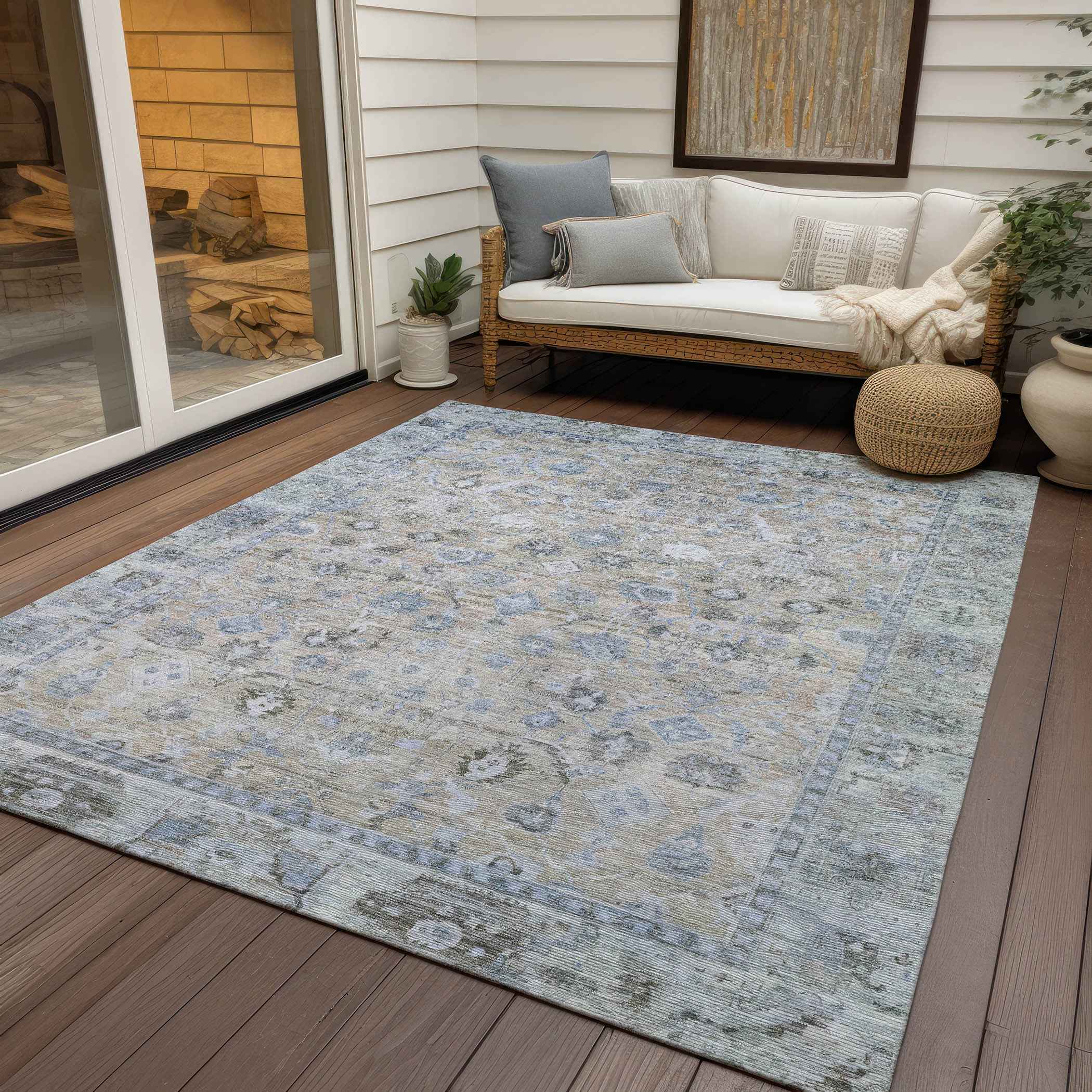 9' X 12' Beige Blue And Ivory Oriental Washable Indoor Outdoor Area Rug