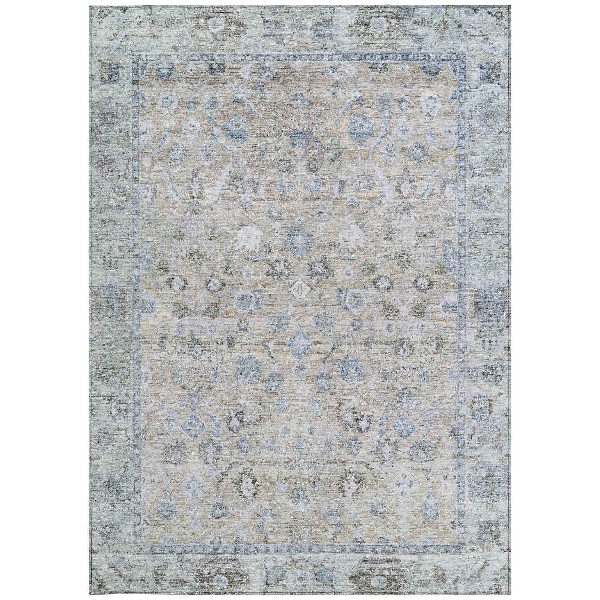 9' X 12' Beige Blue And Ivory Oriental Washable Indoor Outdoor Area Rug