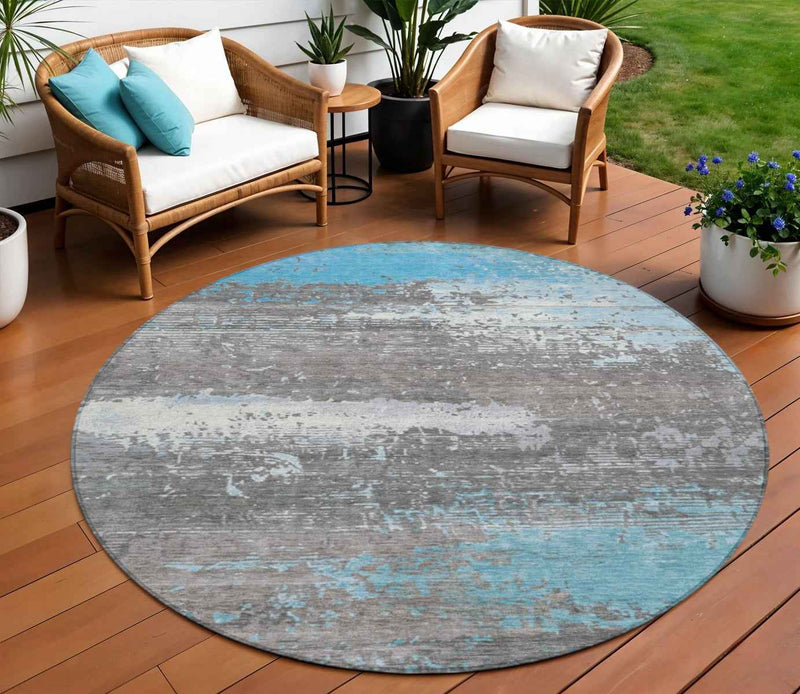 8' Teal Blue Gray And Silver Round Abstract Washable Indoor Outdoor Area Rug