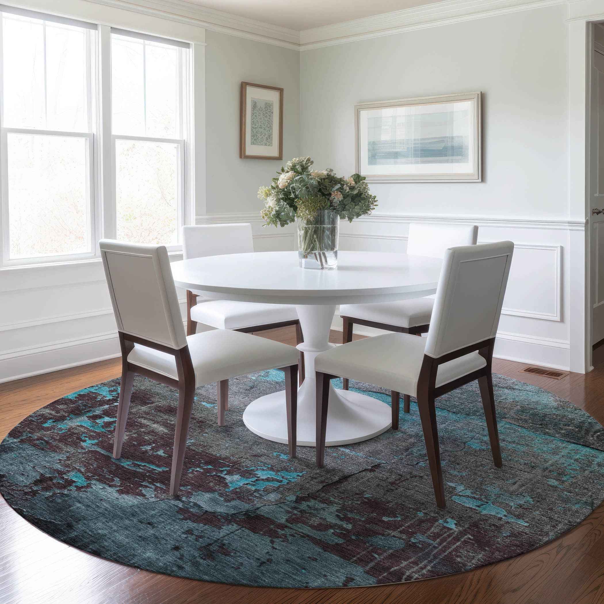 8' Teal Blue Gray And Taupe Round Abstract Washable Indoor Outdoor Area Rug