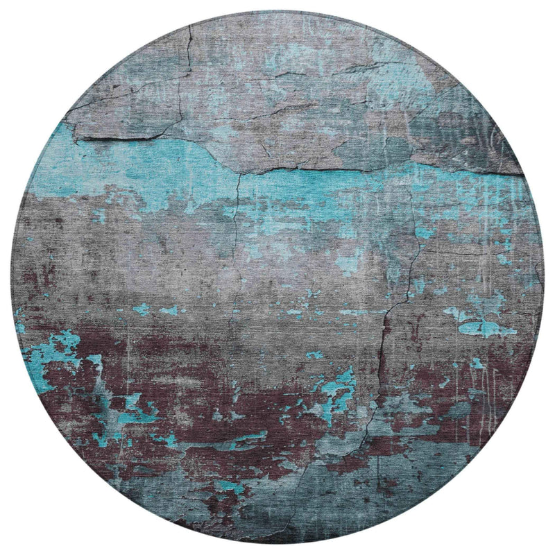 8' Teal Blue Gray And Taupe Round Abstract Washable Indoor Outdoor Area Rug