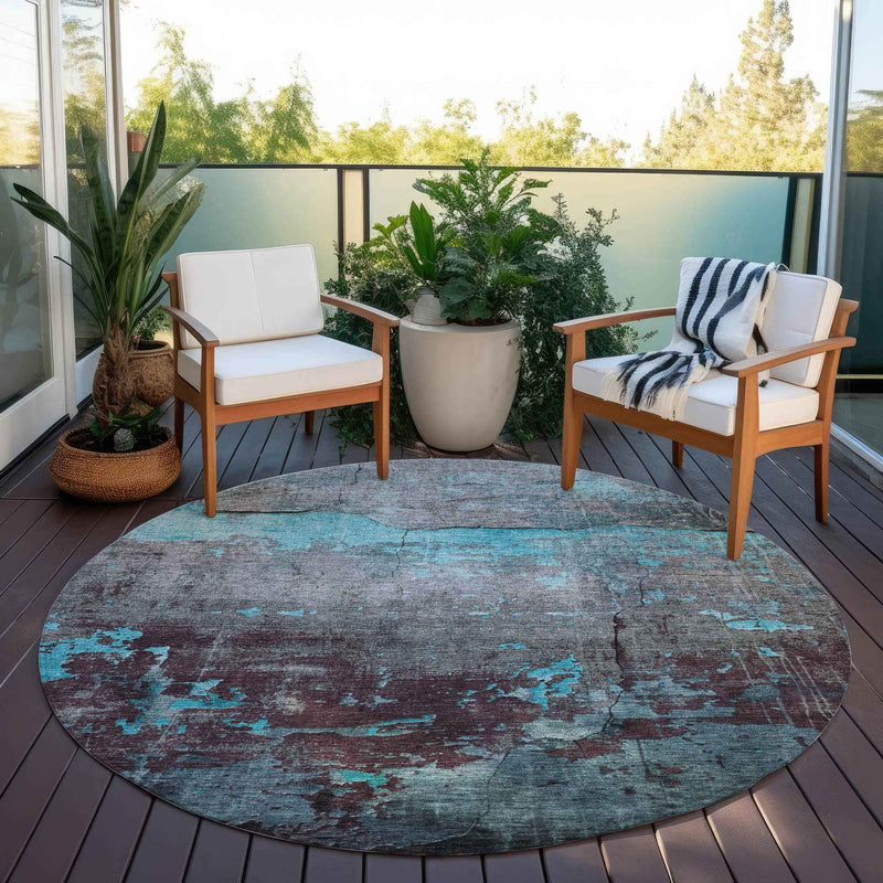 8' Teal Blue Gray And Taupe Round Abstract Washable Indoor Outdoor Area Rug