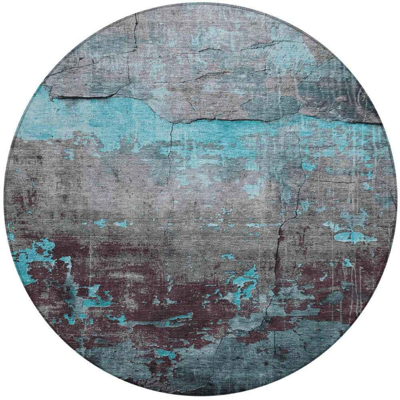 8' Teal Blue Gray And Taupe Round Abstract Washable Indoor Outdoor Area Rug