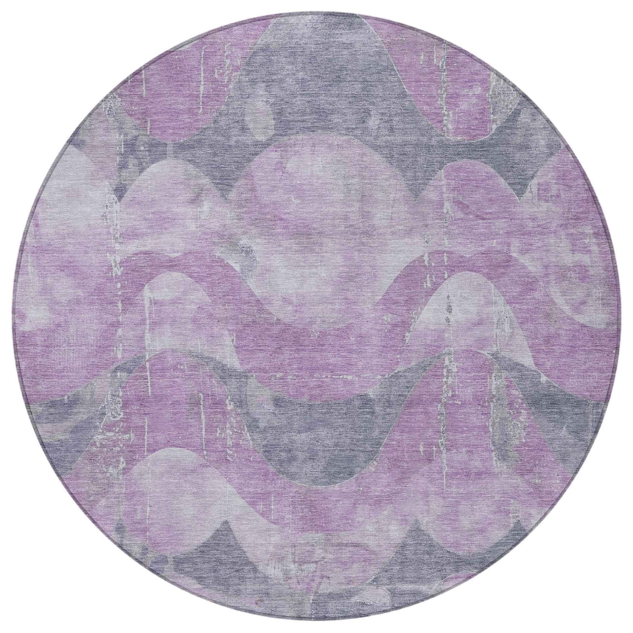 8' Lavender And Gray Round Abstract Washable Indoor Outdoor Area Rug