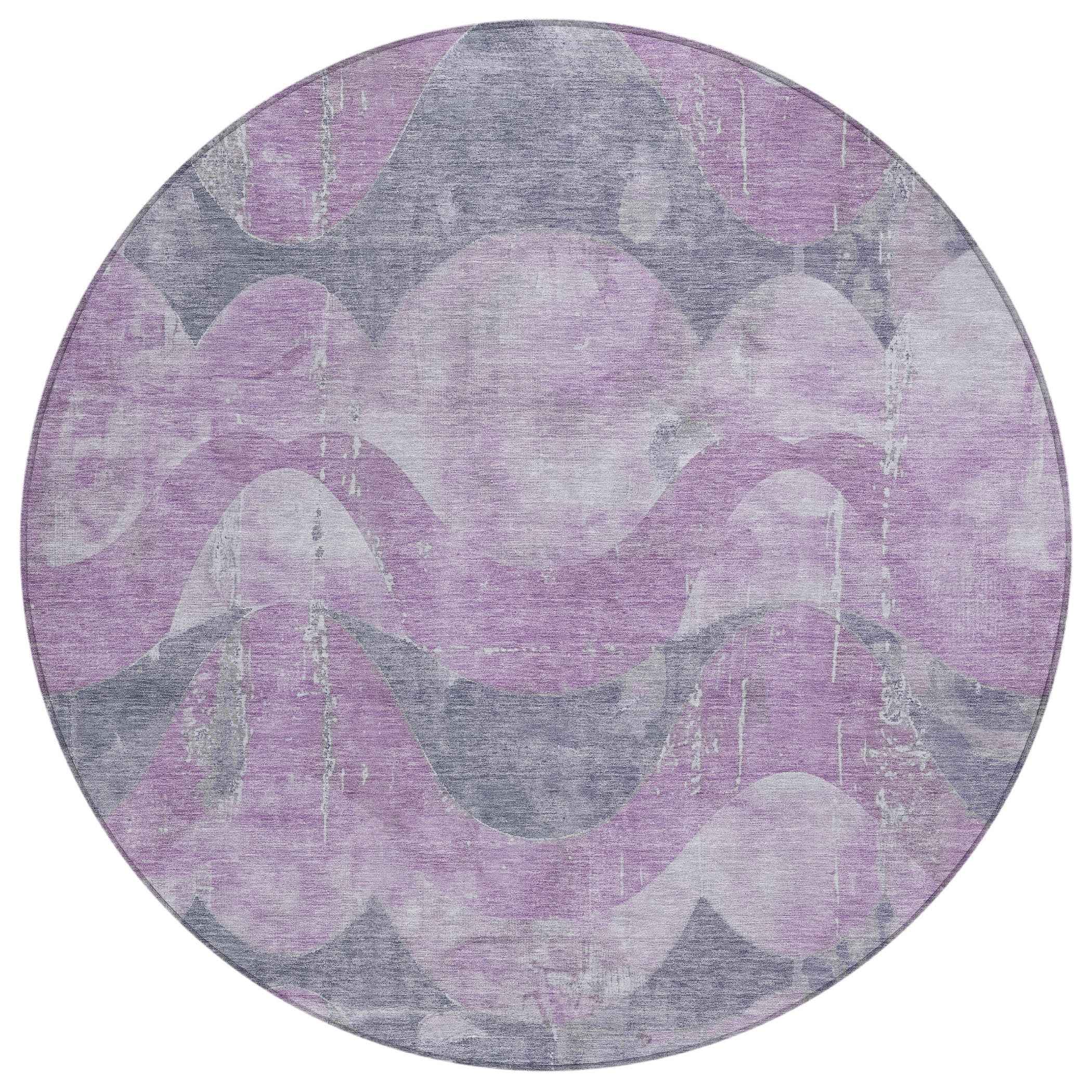 8' Lavender And Gray Round Abstract Washable Indoor Outdoor Area Rug