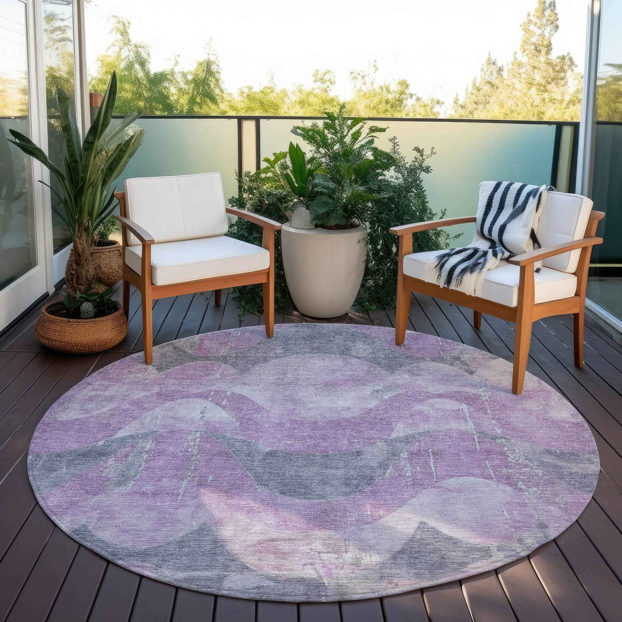 8' Lavender And Gray Round Abstract Washable Indoor Outdoor Area Rug