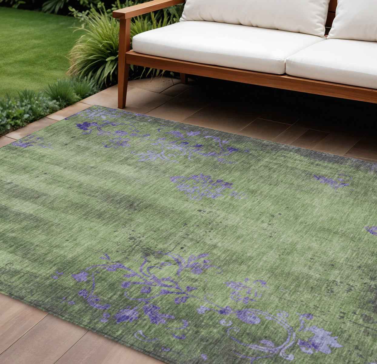 10' X 14' Artichoke Green And Purple Floral Washable Indoor Outdoor Area Rug