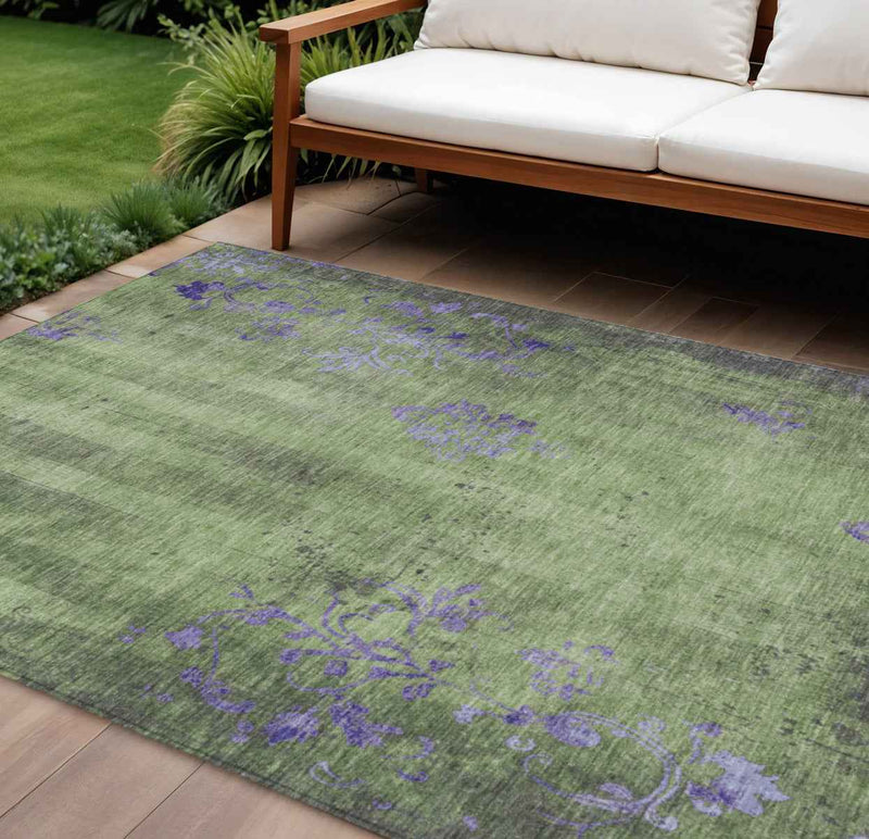 10' X 14' Artichoke Green And Purple Floral Washable Indoor Outdoor Area Rug