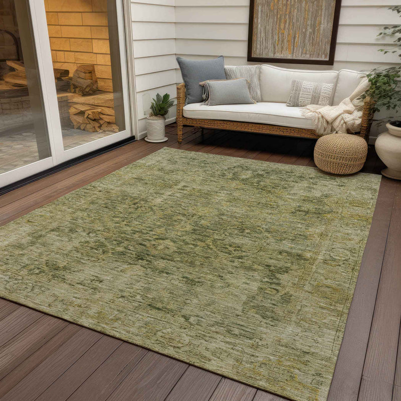 9' X 12' Green And Gold Abstract Washable Indoor Outdoor Area Rug