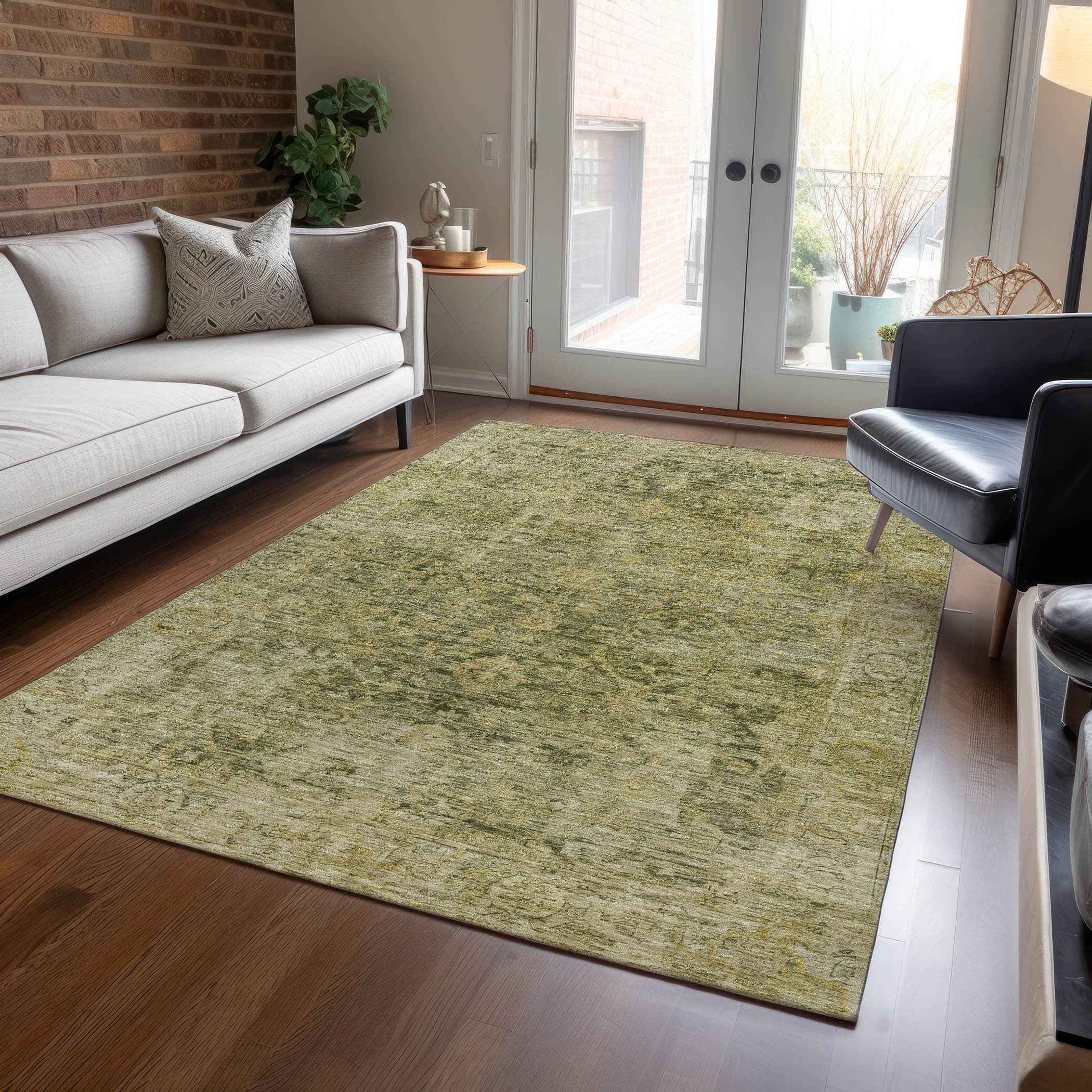 9' X 12' Green And Gold Abstract Washable Indoor Outdoor Area Rug