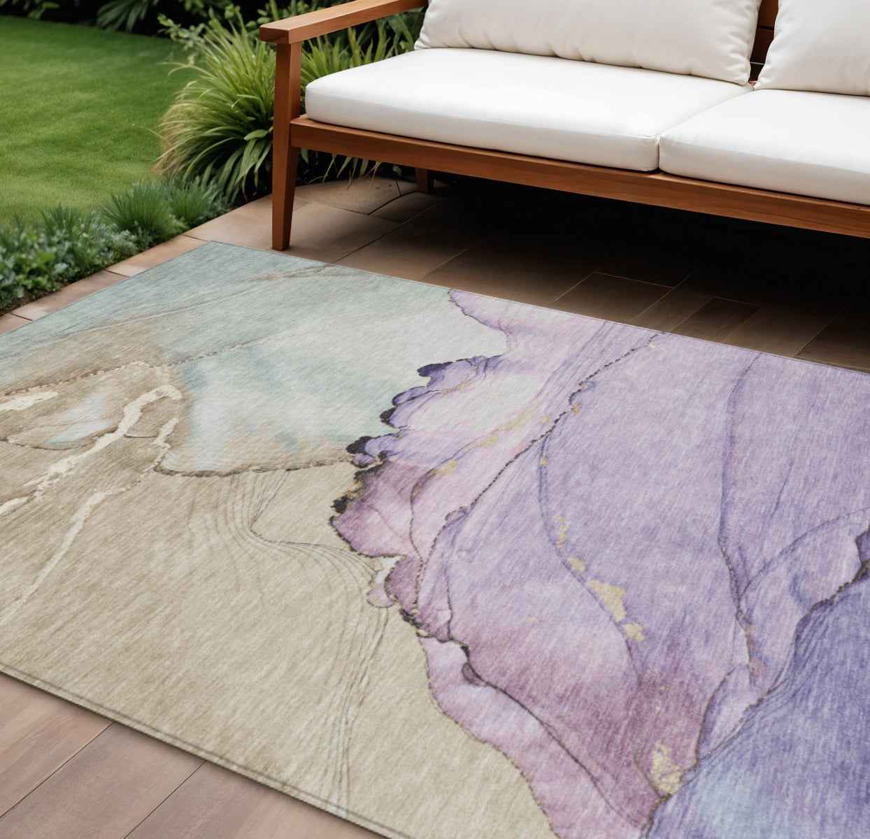 8' X 10' Lavender And Beige Abstract Washable Indoor Outdoor Area Rug