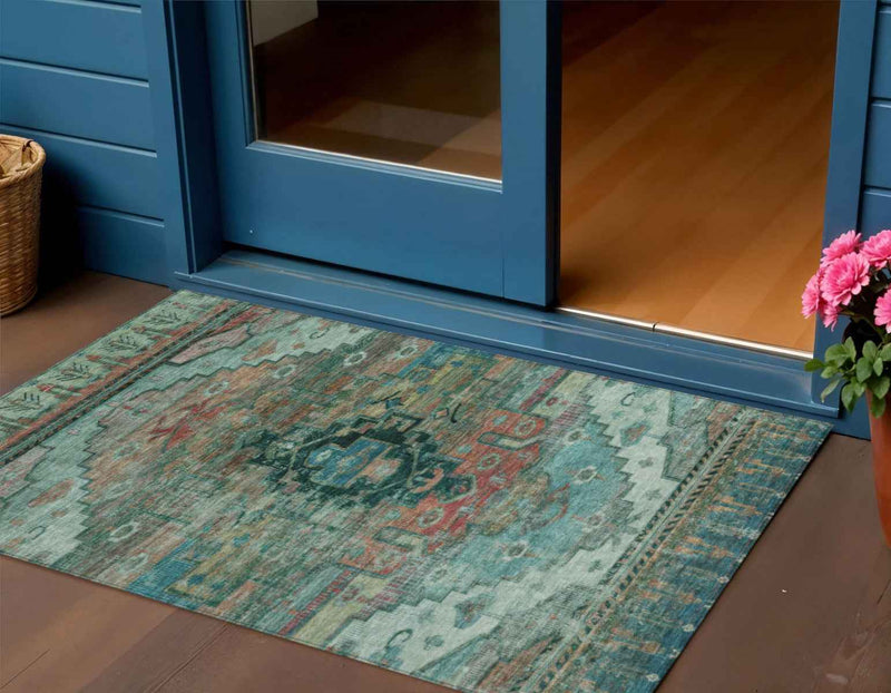 3' X 5' Teal Blue Copper And Gold Tribal Washable Indoor Outdoor Area Rug