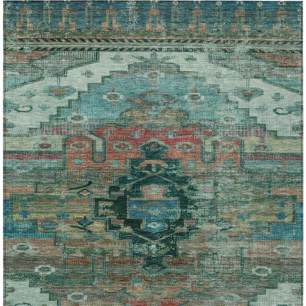 3' X 5' Teal Blue Copper And Gold Tribal Washable Indoor Outdoor Area Rug