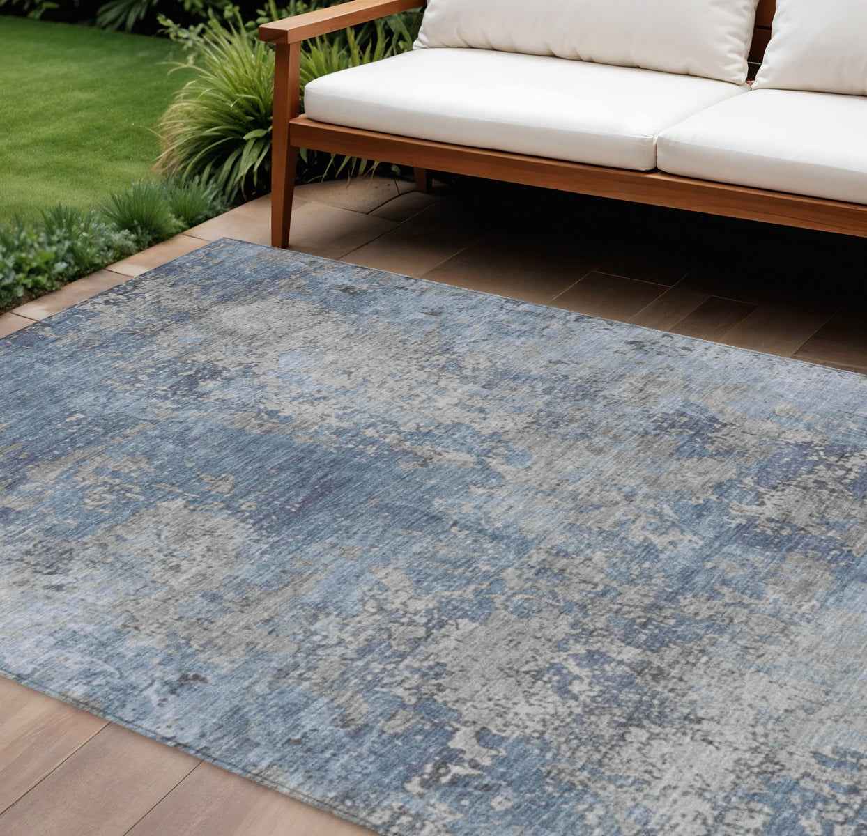 10' X 14' Denim Blue And Silver Abstract Washable Indoor Outdoor Area Rug