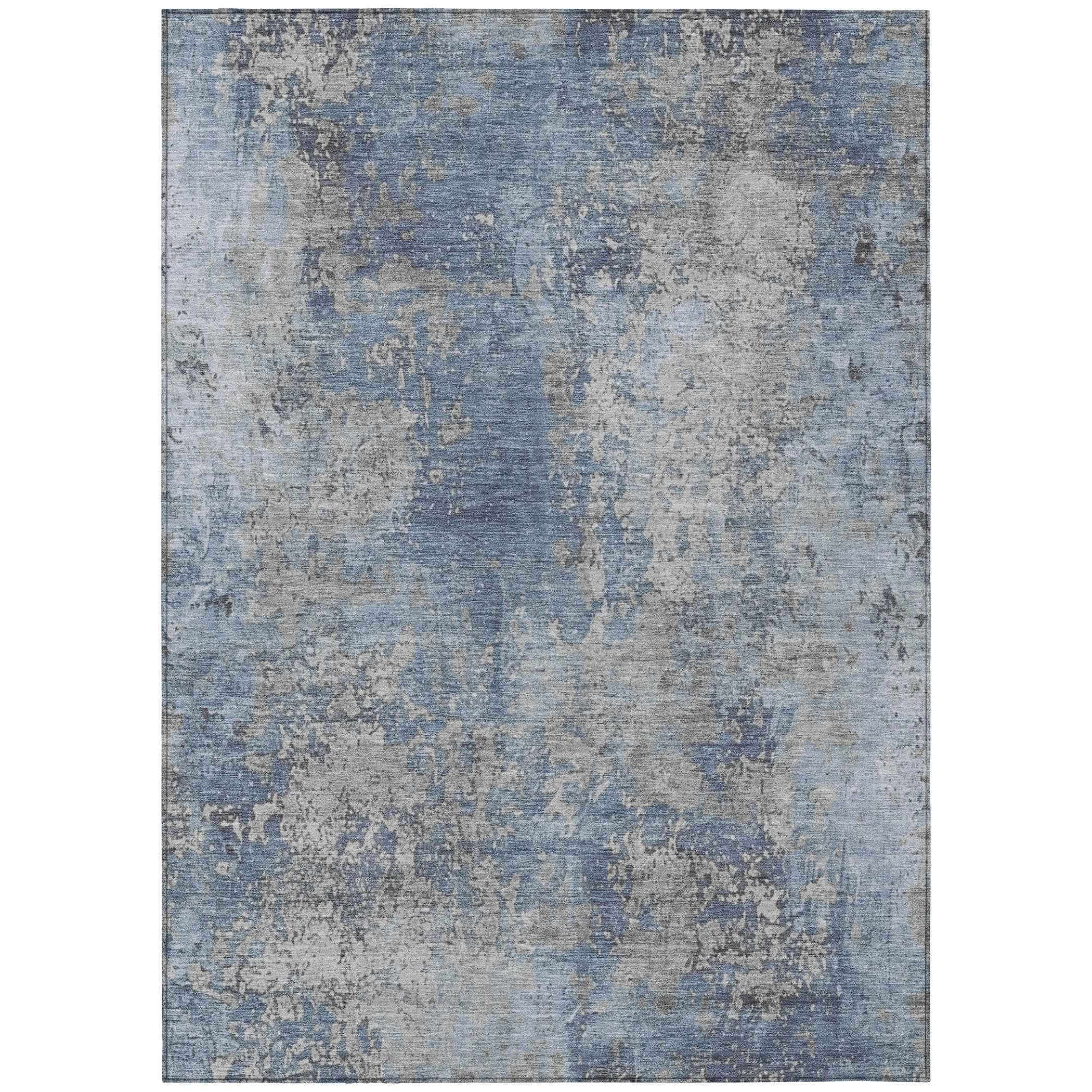 10' X 14' Denim Blue And Silver Abstract Washable Indoor Outdoor Area Rug