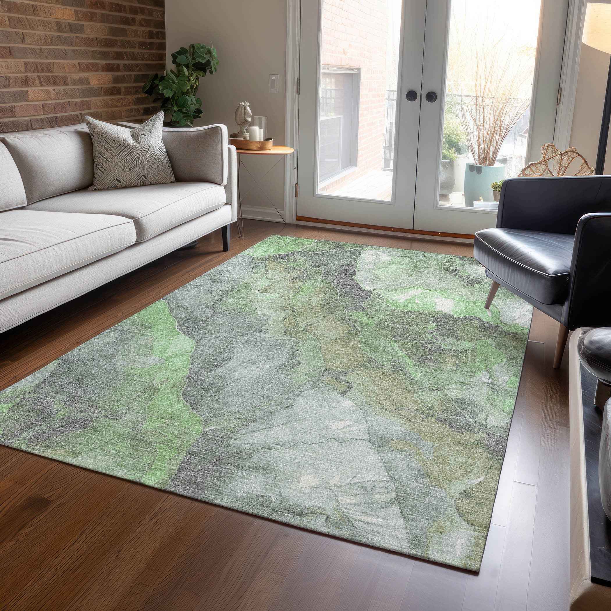 9' X 12' Green And Gray Floral Washable Indoor Outdoor Area Rug