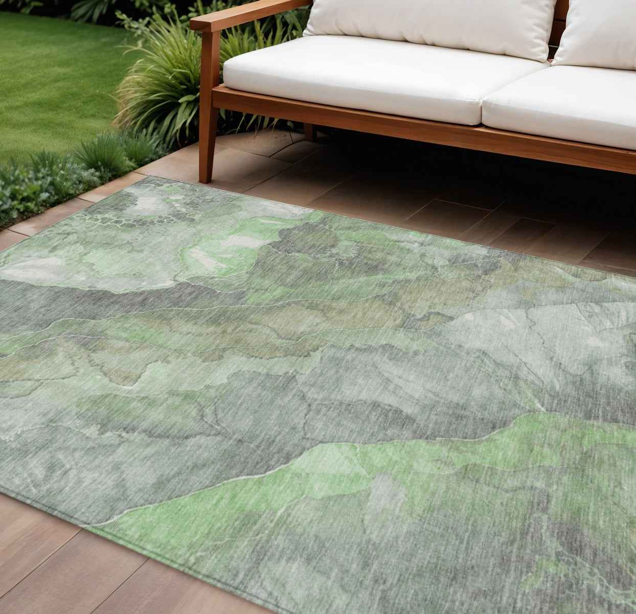 9' X 12' Green And Gray Floral Washable Indoor Outdoor Area Rug