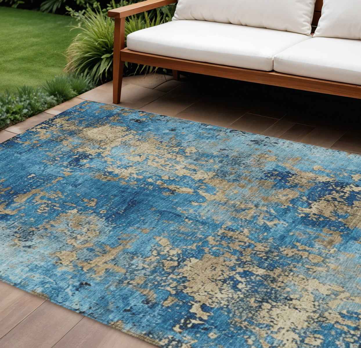 8' X 10' Blue And Beige Abstract Washable Indoor Outdoor Area Rug