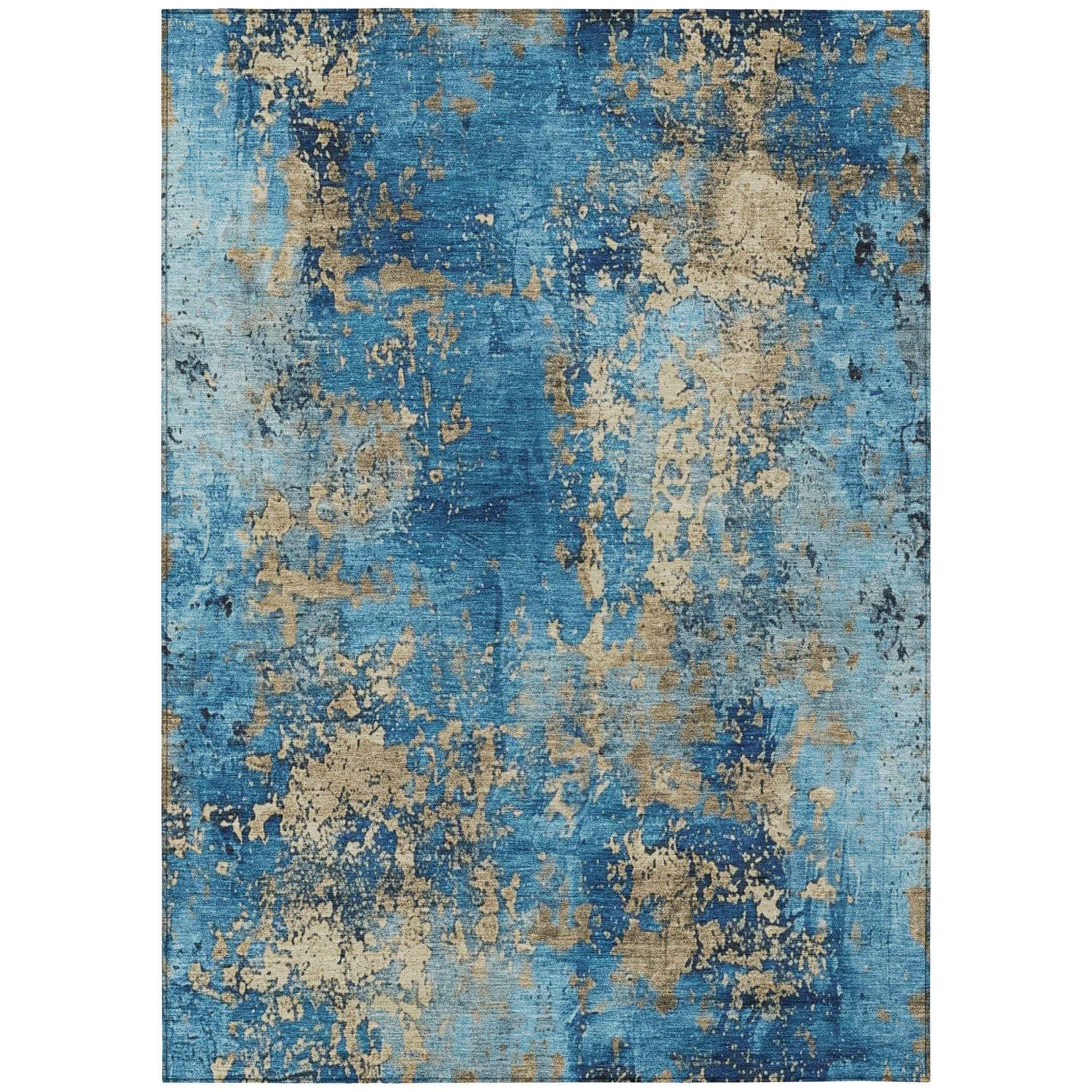 8' X 10' Blue And Beige Abstract Washable Indoor Outdoor Area Rug