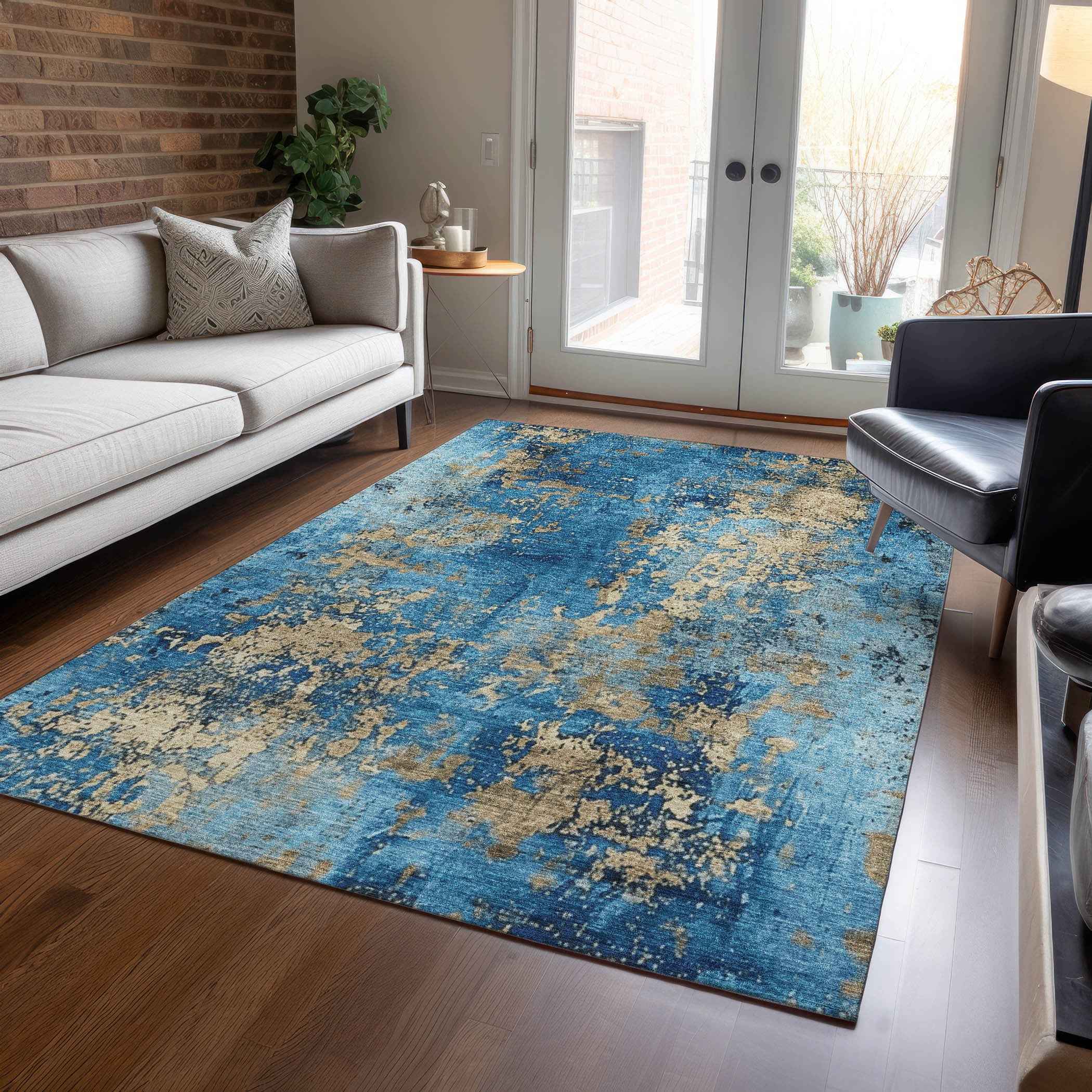8' X 10' Blue And Beige Abstract Washable Indoor Outdoor Area Rug