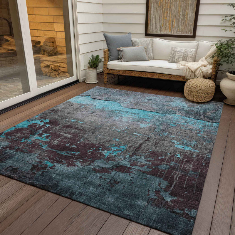 3' X 5' Teal Blue Gray And Taupe Abstract Washable Indoor Outdoor Area Rug