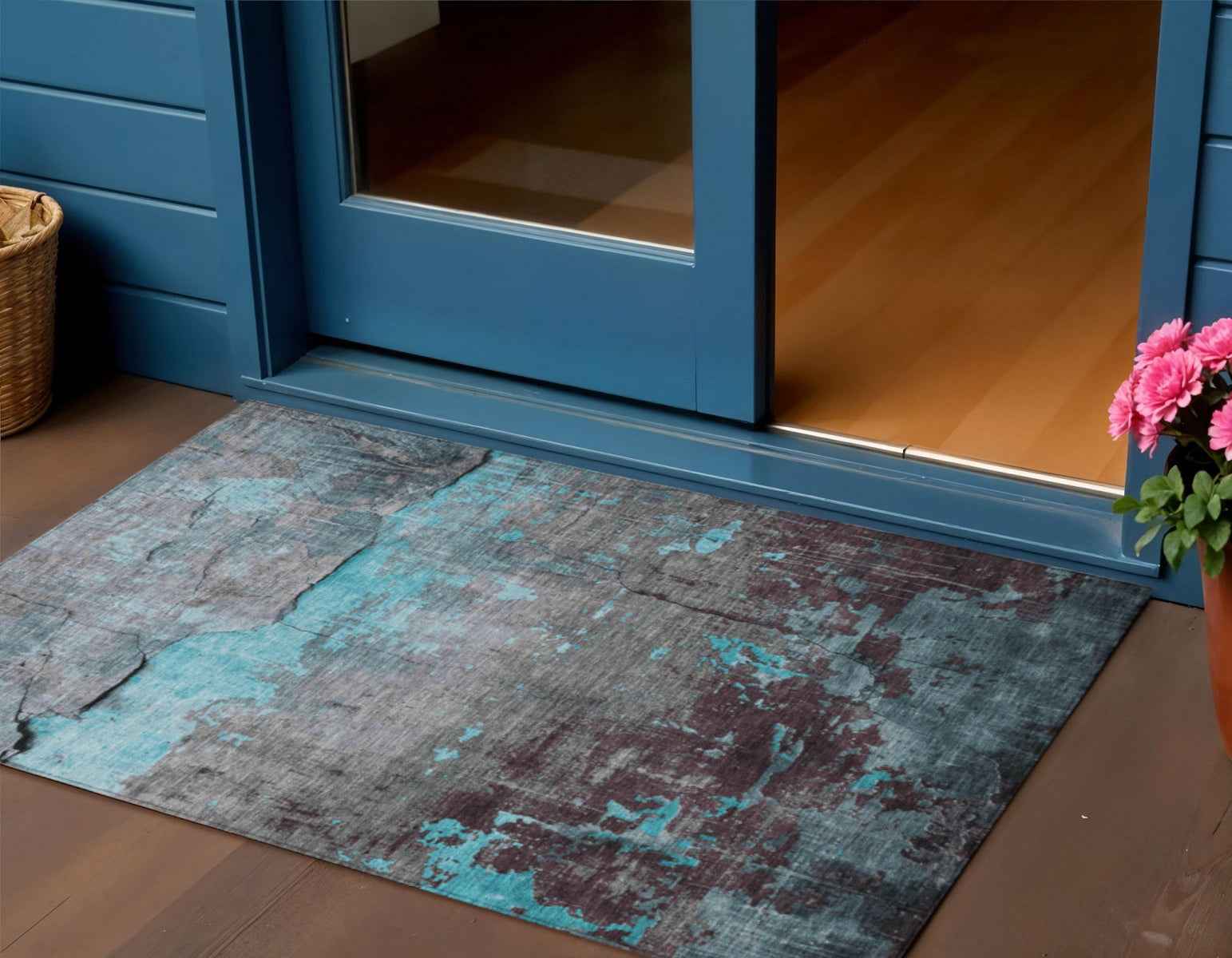 3' X 5' Teal Blue Gray And Taupe Abstract Washable Indoor Outdoor Area Rug