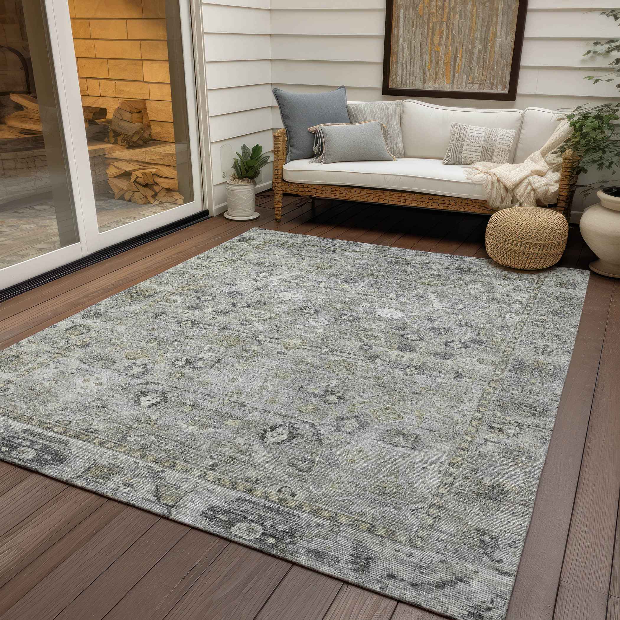 3' X 5' Pewter Beige And Ivory Oriental Washable Indoor Outdoor Area Rug